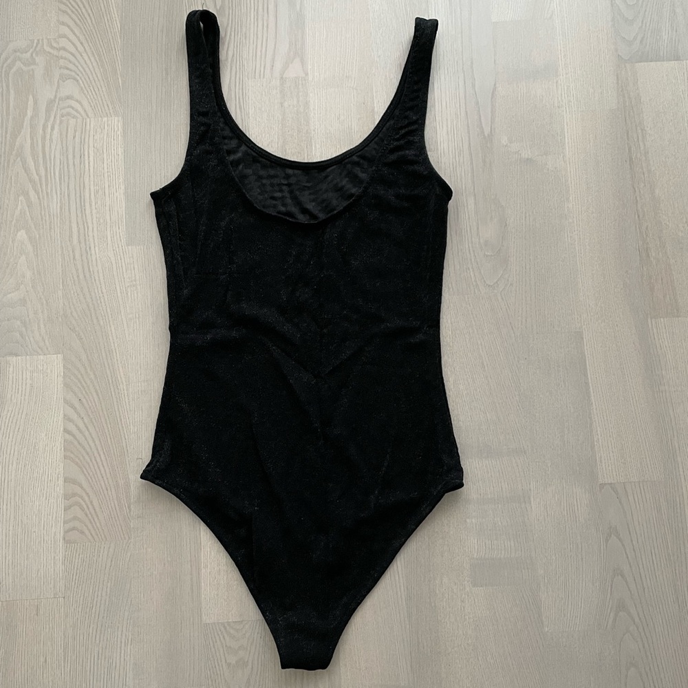 Zara Basic Ballet Style Black Bodysuit w Subtle Metallic Effect